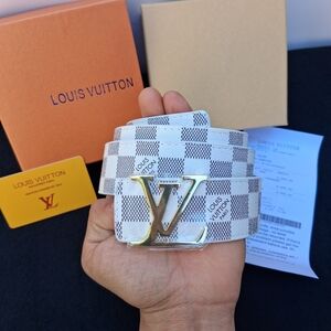 Louis Vuitton White Damier Belt – Gold LV Buckle – With Box –✅size 105cm 42inch